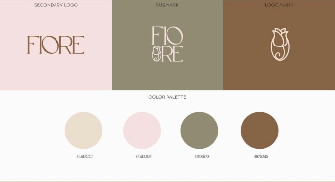 Flore brand logos with soft earthy typography, with a neutral pastel color pallet. 