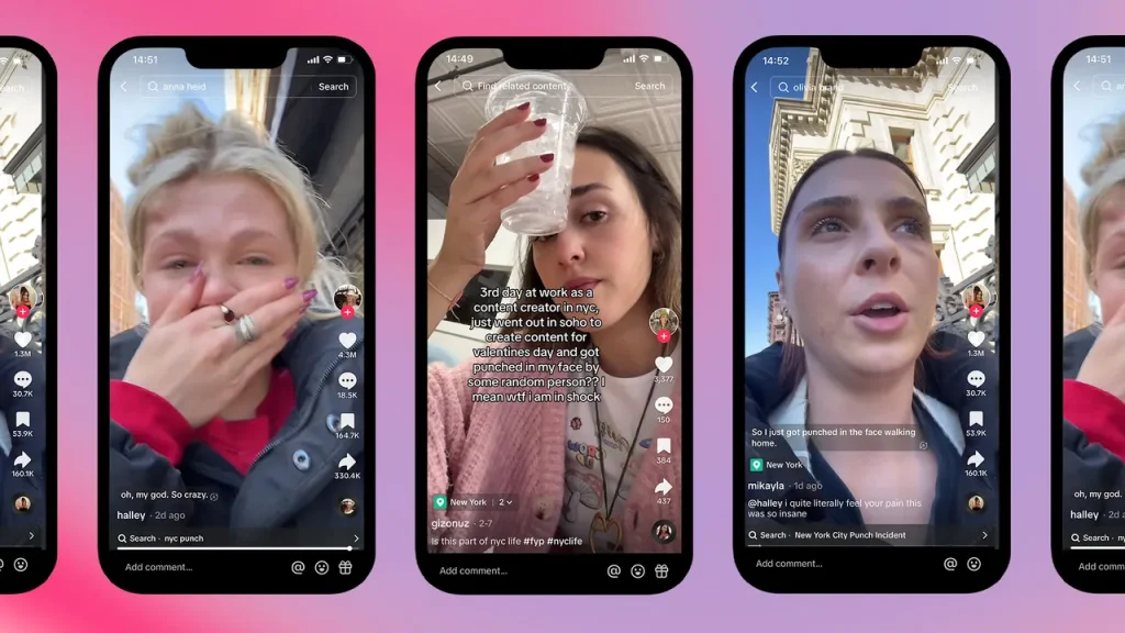 Example of an attention-grabbing TikTok hook: Women on TikTok Are Sharing Stories About Getting Punched Randomly in NYC